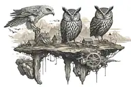A surreal landscape with floating islands and a giant mechanical owl tattoo design idea