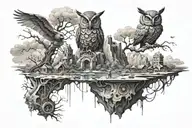 A surreal landscape with floating islands and a giant mechanical owl tattoo design idea