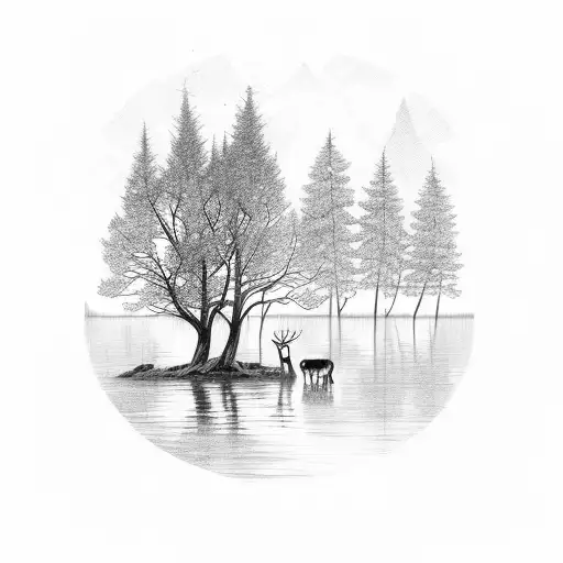 lake with tree's, deer, owl, night tattoo design idea