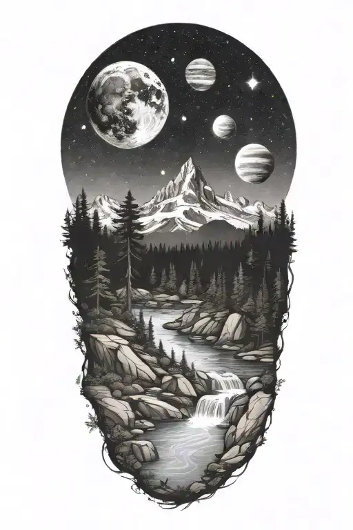 A realistic forested mountain with a river flowing through and a night sky of planets and stars tattoo design idea