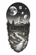 A realistic forested mountain with a river flowing through and a night sky of planets and stars tattoo design idea