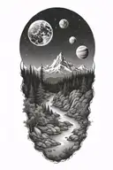 A realistic forested mountain with a river flowing through and a night sky of planets and stars tattoo design idea