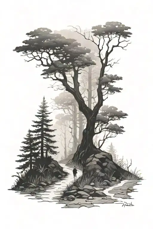 man at the end of a path in a foggy forest tattoo design idea