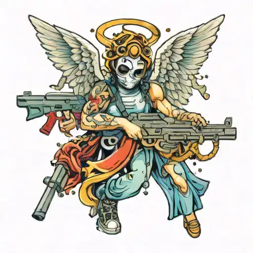 angel wearing mask and guns money drugs tattoo design idea