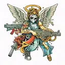 angel wearing mask and guns money drugs tattoo design idea