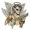 angel wearing mask and guns money drugs tattoo design idea
