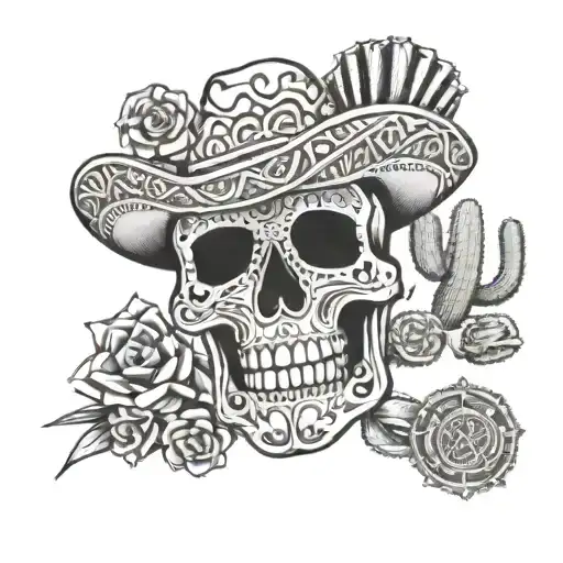Mexican culture, skull with a jaguar, pyramids, Aztec calendar, Mexican flag, trumpet, cactus, tequila, 2016, sombrero tattoo design idea