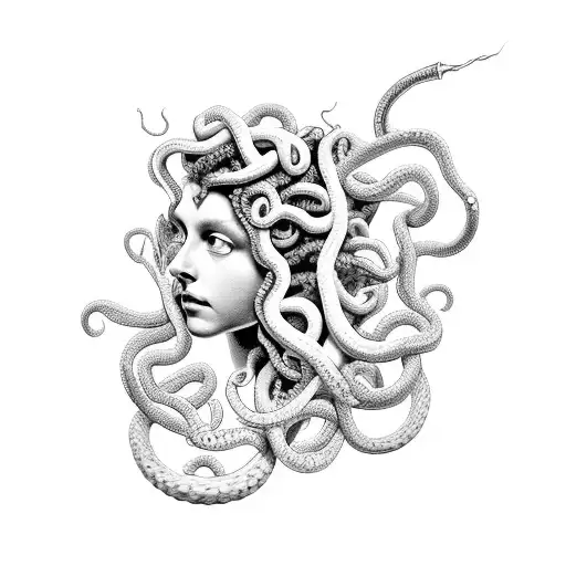 A classic portrayal of Medusa with her snake hair intertwined among glowing flowers would make for a striking and symbol tattoo design idea