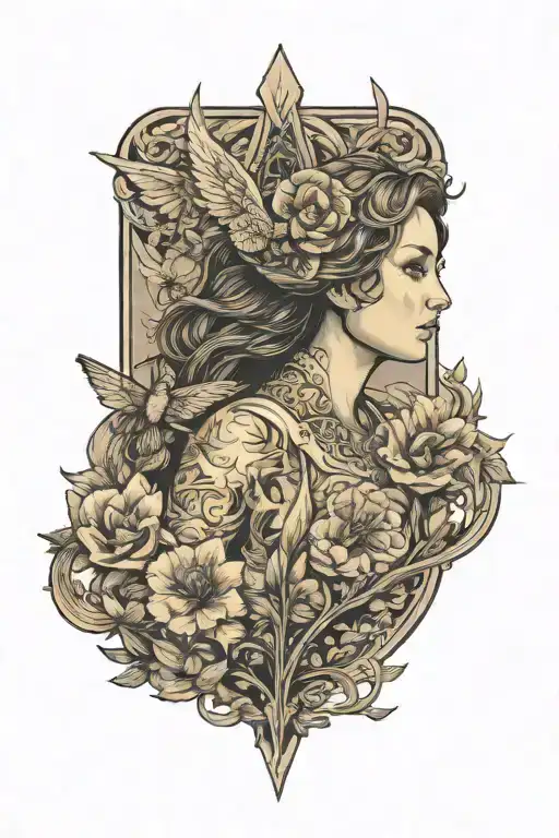tattoo design style Hunger Games, sword, phoenix, flowers, butterflies, white background with woman sitting, grey tones, tattoo design idea