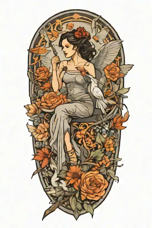 tattoo design style Hunger Games, sword, phoenix, flowers, butterflies, white background with woman sitting, grey tones, tattoo design idea