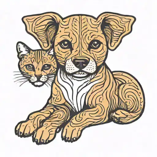 simple line drawing of a dog and cat sitting together, vector graphic outline icon in the style of a simple vector tattoo design idea
