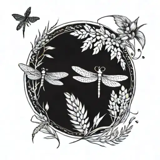 A circle divided into three parts with a dragonfly in the top part on the bottom left of the circle two pieces of wheat  tattoo design idea