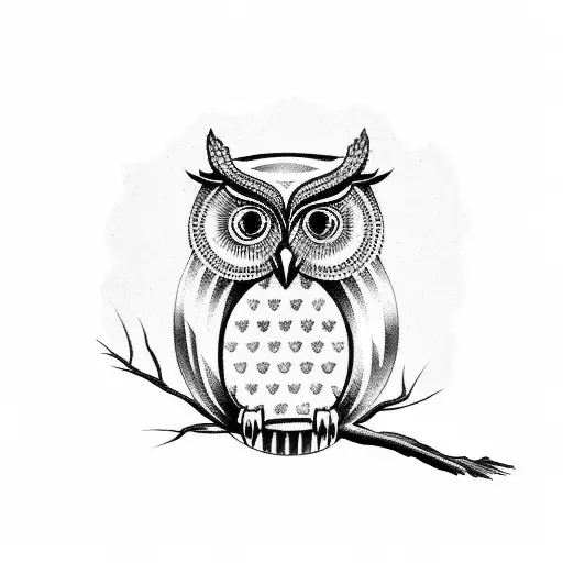 A majestic owl perched on a branch of a towering redwood tree tattoo design idea