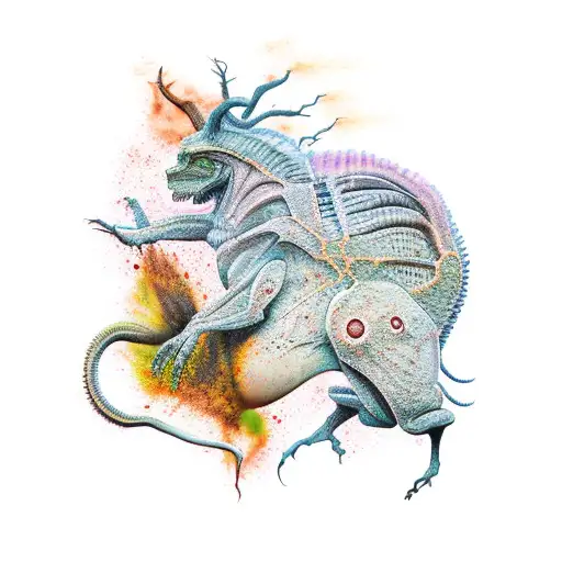 half fossil half gore anatomy Mossasaur fullbody  tattoo design idea