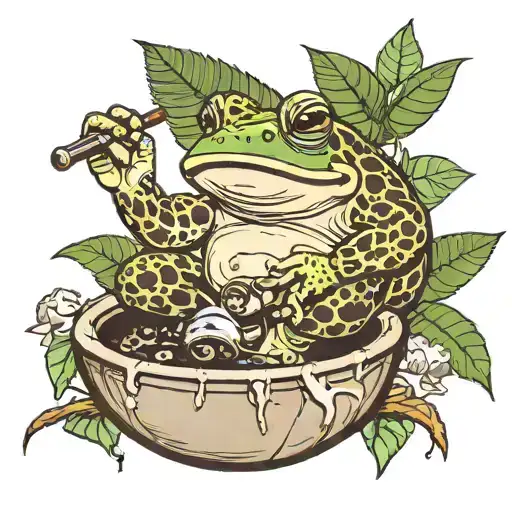 toad sitting in a coconut bowl with mushrooms, toad smoking a pipe and the pipe smoke is Sanskrit symbol for 'breathe' tattoo design idea