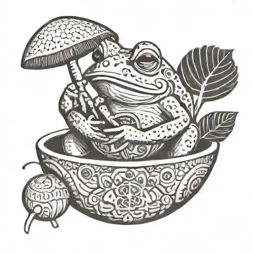 toad sitting in a coconut bowl with mushrooms, toad smoking a pipe and the pipe smoke is Sanskrit symbol for 'breathe' tattoo design idea