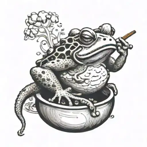 toad sitting in a coconut bowl with mushrooms, toad smoking a pipe and the pipe smoke is Sanskrit symbol for 'breathe' tattoo design idea