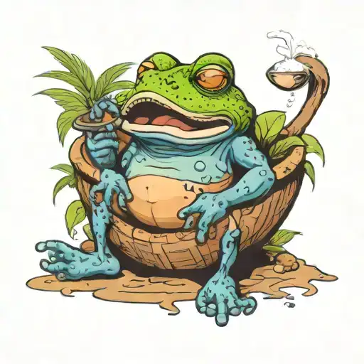 toad sitting in a coconut bowl with mushrooms, toad smoking a pipe and the pipe smoke is Sanskrit symbol for 'breathe' tattoo design idea