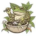 toad sitting in a coconut bowl with mushrooms, toad smoking a pipe and the pipe smoke is Sanskrit symbol for 'breathe' tattoo design idea