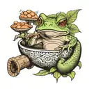 toad sitting in a coconut bowl with mushrooms, toad smoking a pipe and the pipe smoke is Sanskrit symbol for 'breathe' tattoo design idea