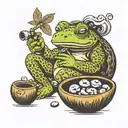 toad sitting in a coconut bowl with mushrooms, toad smoking a pipe and the pipe smoke is Sanskrit symbol for 'breathe' tattoo design idea
