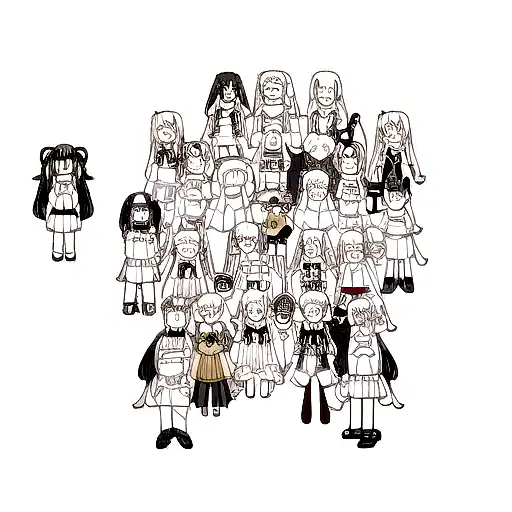 Collage of multiple anime characters in a new-school style tattoo design idea