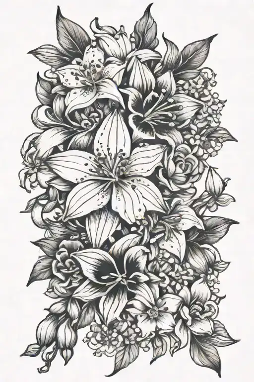 violet, jonquil, delphinium, cosmo flowers tattoo design idea