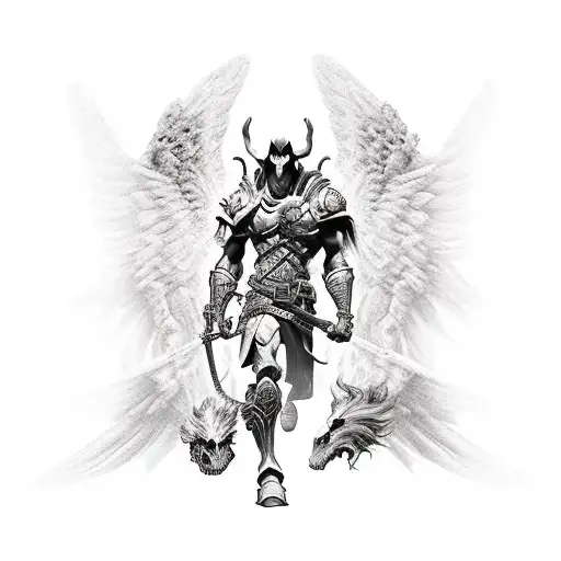 Darksiders Horseman standing around with angels and demons flying around surrounding them on a bloody battlefield  tattoo design idea