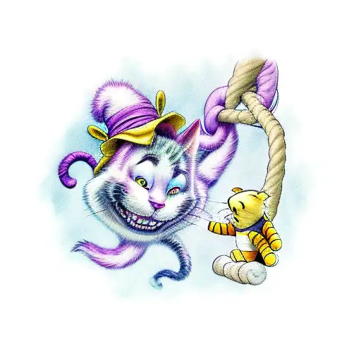 Cheshire Cat and Winnie the Pooh sitting on a swing tattoo design idea
