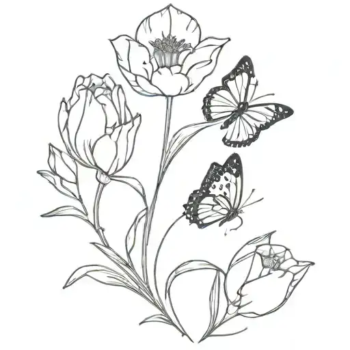 butterfly with tulips tattoo design idea