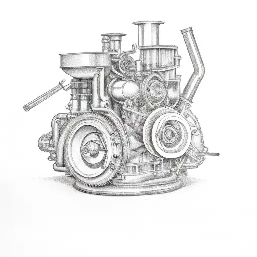 aircooled engine with tools and roses tattoo design idea