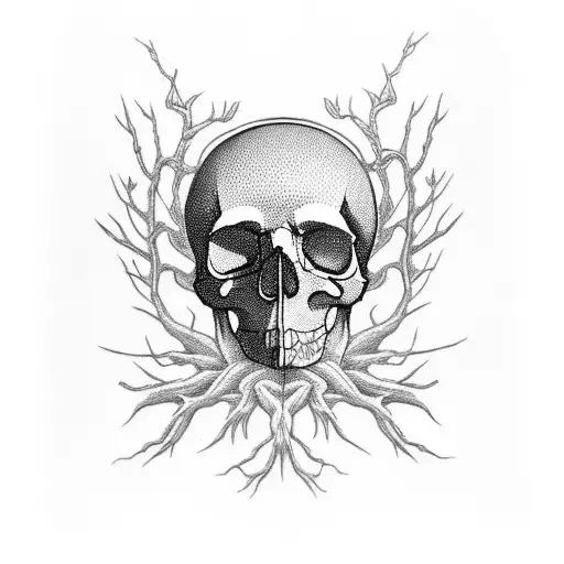 A skull with intricate tree roots growing out of it, symbolizing the connection between life and death tattoo design idea