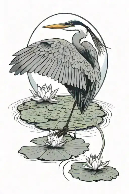blue heron in front of full moon. puffy cloud in front of moon. lily pad and frog in water. fairy on lily pad. firefly tattoo design idea