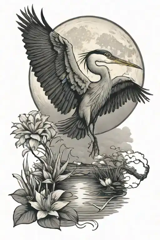 blue heron in front of full moon. cloud partially over the moon. lily pad at heron's feet and a lightning bug in the air tattoo design idea