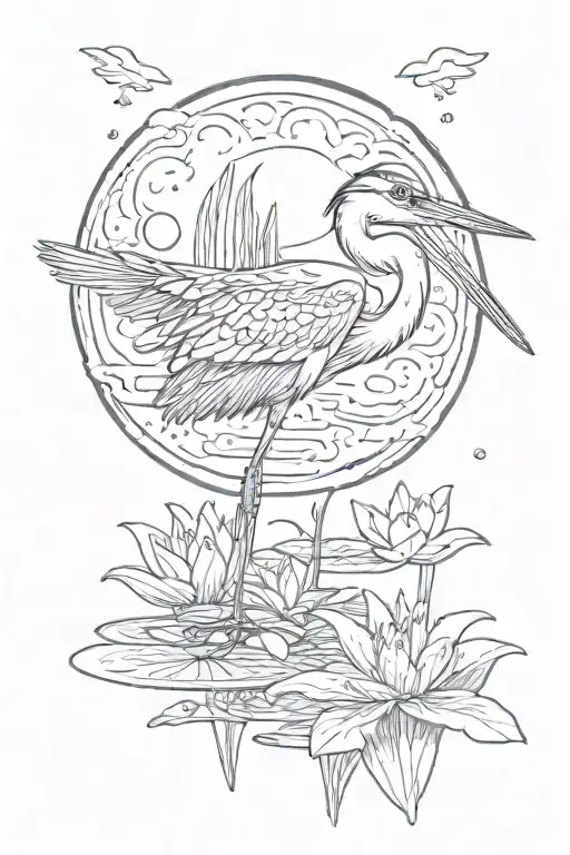 blue heron in front of full moon. puffy cloud in front of moon. lily pad and frog in water. fairy on lily pad. firefly tattoo design idea