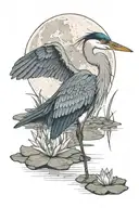 blue heron in front of full moon. puffy cloud in front of moon. lily pad and frog in water. fairy on lily pad. firefly tattoo design idea