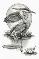 blue heron in front of full moon. puffy cloud in front of moon. lily pad and frog in water. fairy on lily pad. firefly tattoo design idea