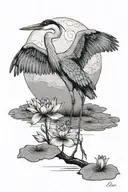 blue heron in front of full moon. puffy cloud in front of moon. lily pad and frog in water. fairy on lily pad. firefly tattoo design idea