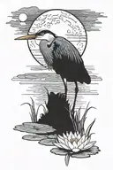 blue heron in front of full moon. puffy cloud in front of moon. lily pad and frog in water.  tattoo design idea