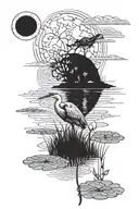 blue heron in front of full moon. puffy cloud in front of moon. lily pad and frog in water.  tattoo design idea