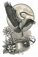 blue heron in front of full moon. cloud partially over the moon. lily pad at heron's feet and a lightning bug in the air tattoo design idea