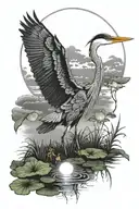 blue heron in front of full moon. cloud partially over the moon. lily pad at heron's feet and a lightning bug in the air tattoo design idea