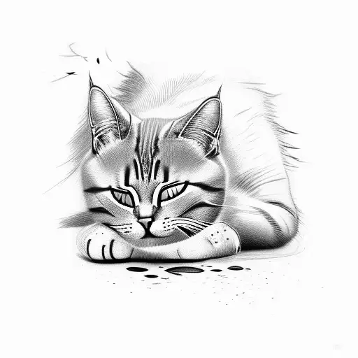 cat laying down sleeping but the cat has end of the tail broken tattoo design idea