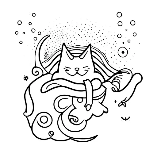 cat sleeping but the cat has end of the tail broken tattoo design idea