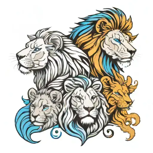 Tattoo design with a black and white Lion with blue eyes looking down at the 2 kids who are Pieces and Sagittarius tattoo design idea