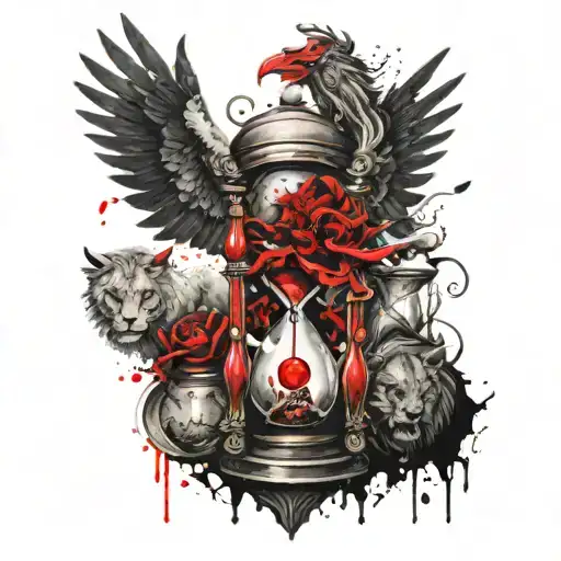 Hourglass with devil and angel wing in which an evil lion is imprisoned tattoo design idea