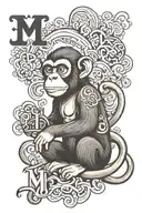 monkey holding letters M I T O in Chinese  tattoo design idea