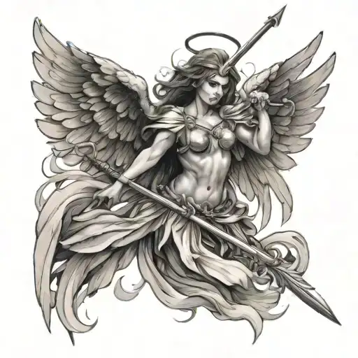 An angel with six seraph wings attacks with a spear downwards tattoo design idea