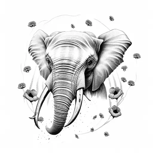 elephant skull with poppies tattoo design idea