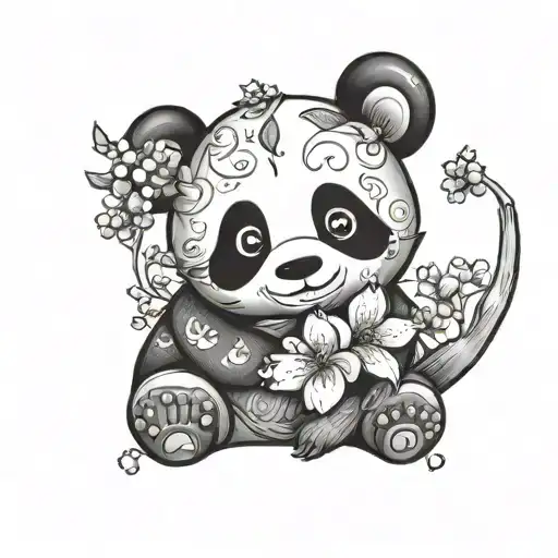 Kawaii panda tattoo with cherry blossom tattoo design idea